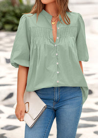 Lantern Sleeve Loose Fit Button Down Casual Pleated V Neck Blouses