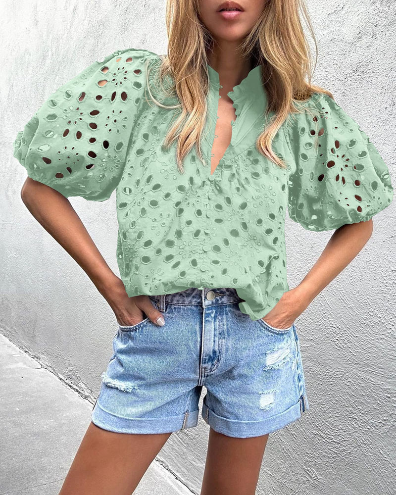 PRETTYGARDEN Women's Summer Short Sleeve Tops 2025 Dressy Casual Buttons V Neck Hollow Out Lace Embroidered Blouses Shirts