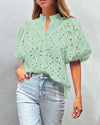 PRETTYGARDEN Women's Summer Short Sleeve Tops 2025 Dressy Casual Buttons V Neck Hollow Out Lace Embroidered Blouses Shirts