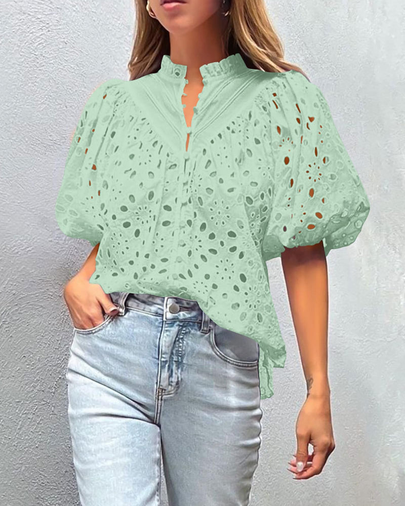 PRETTYGARDEN Women's Summer Short Sleeve Tops 2025 Dressy Casual Buttons V Neck Hollow Out Lace Embroidered Blouses Shirts