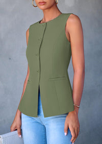 Dressy Business Casual Sleeveless Button Down Blazer Waistcoat