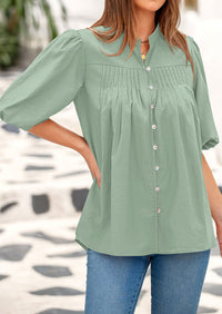 Lantern Sleeve Loose Fit Button Down Casual Pleated V Neck Blouses