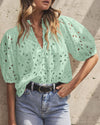 PRETTYGARDEN Women's Summer Short Sleeve Tops 2025 Dressy Casual Buttons V Neck Hollow Out Lace Embroidered Blouses Shirts