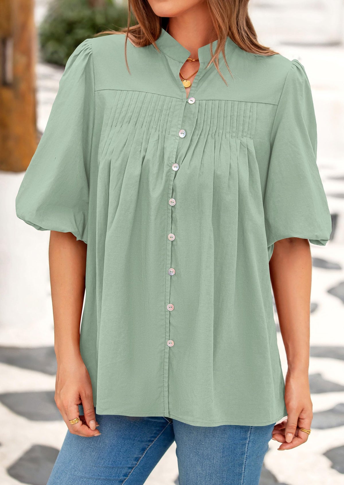 Lantern Sleeve Loose Fit Button Down Casual Pleated V Neck Blouses