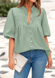 Lantern Sleeve Loose Fit Button Down Casual Pleated V Neck Blouses