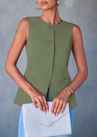 Dressy Business Casual Sleeveless Button Down Blazer Waistcoat