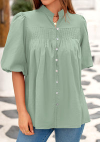 Lantern Sleeve Loose Fit Button Down Casual Pleated V Neck Blouses