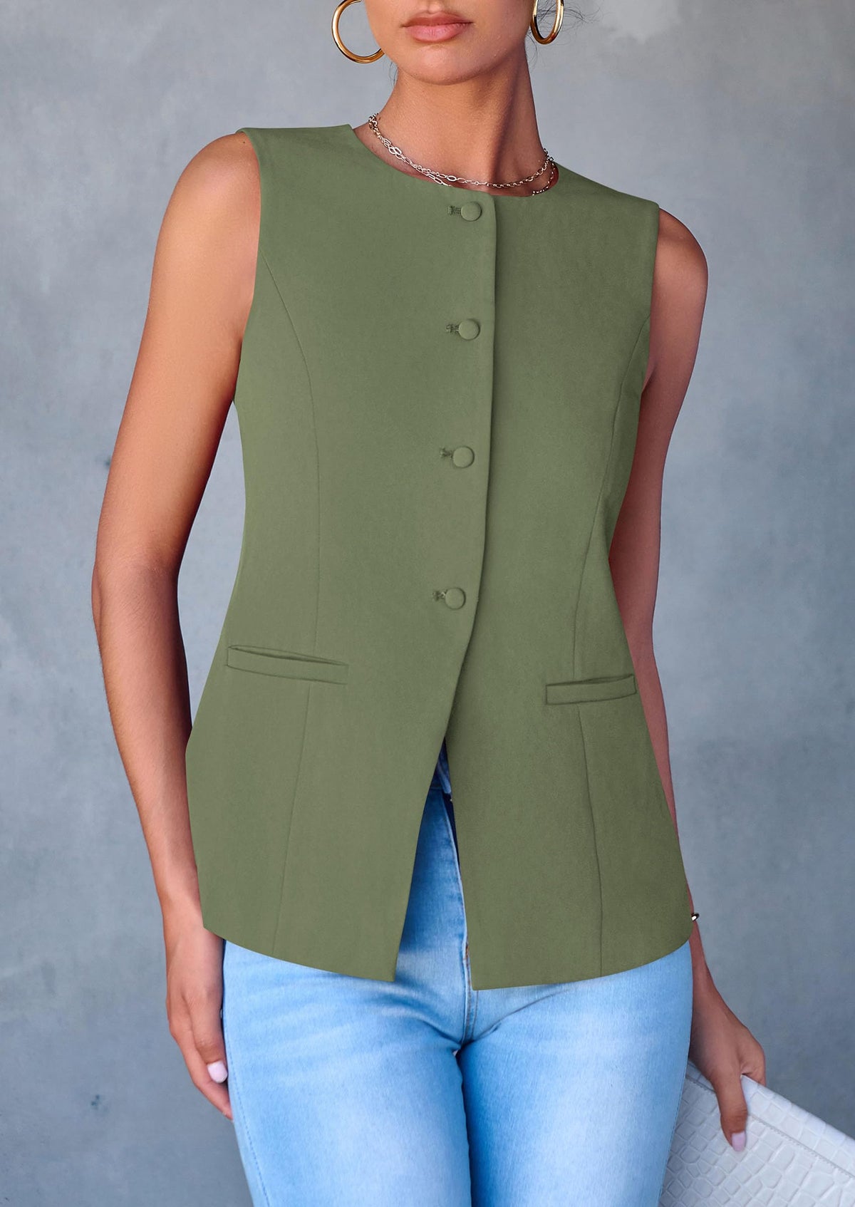 Dressy Business Casual Sleeveless Button Down Blazer Waistcoat