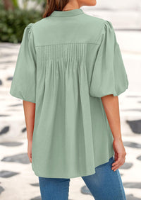 Lantern Sleeve Loose Fit Button Down Casual Pleated V Neck Blouses
