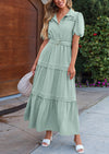 PRETTYGARDEN Women's Summer Maxi Dress Puff Short Sleeve Lapel V Neck Tiered A Line Flowy Elegant Party Dresses with Belt