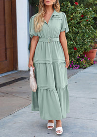 Puff Short Sleeve Lapel V Neck Tiered A-Line Flowy Party Dresses With Belt