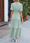 PRETTYGARDEN Women's Summer Maxi Dress Puff Short Sleeve Lapel V Neck Tiered A Line Flowy Elegant Party Dresses with Belt