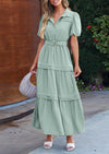 PRETTYGARDEN Women's Summer Maxi Dress Puff Short Sleeve Lapel V Neck Tiered A Line Flowy Elegant Party Dresses with Belt