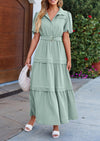 PRETTYGARDEN Women's Summer Maxi Dress Puff Short Sleeve Lapel V Neck Tiered A Line Flowy Elegant Party Dresses with Belt