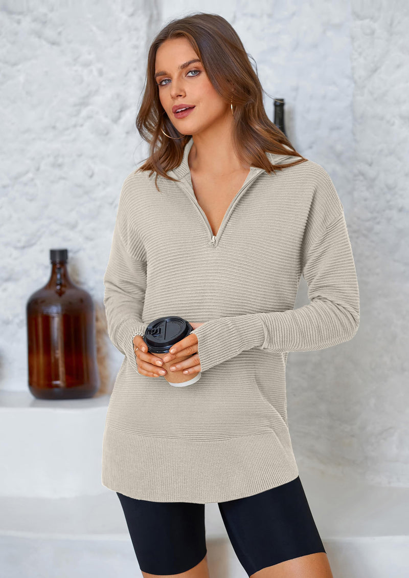 PRETTYGARDEN Womens Long Sleeve Quarter Zip Pullover Sweater Casual Loose V Neck Collared Ribbed Knit Jumper Tops Thumb Hole