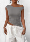 PRETTYGARDEN Womens Off The Shoulder Tops Summer Sleeveless One Shoulder Ruched Asymmetrical Y2K Going Out Crop Tank Top