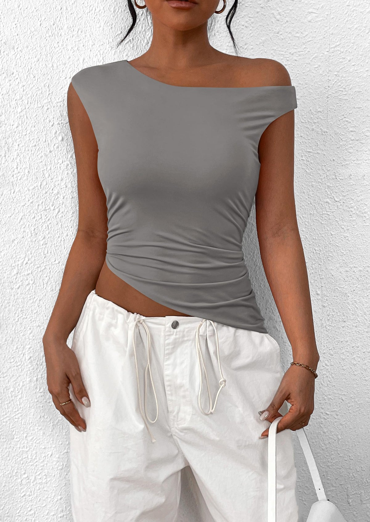 Off The Shoulder Sleeveless One Shoulder Ruched Asymmetrical Y2K Tank Top