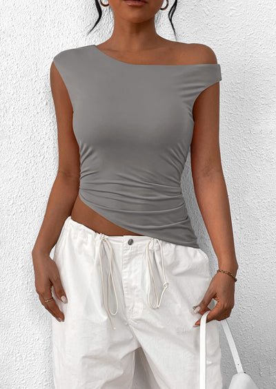 PRETTYGARDEN Womens Off The Shoulder Tops Summer Sleeveless One Shoulder Ruched Asymmetrical Y2K Going Out Crop Tank Top