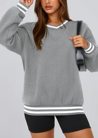 PRETTYGARDEN Women's Oversized Sweatshirts Casual Long Sleeve Stripes Knit V Neck Pullover Top Fall Teens Preppy Clothes
