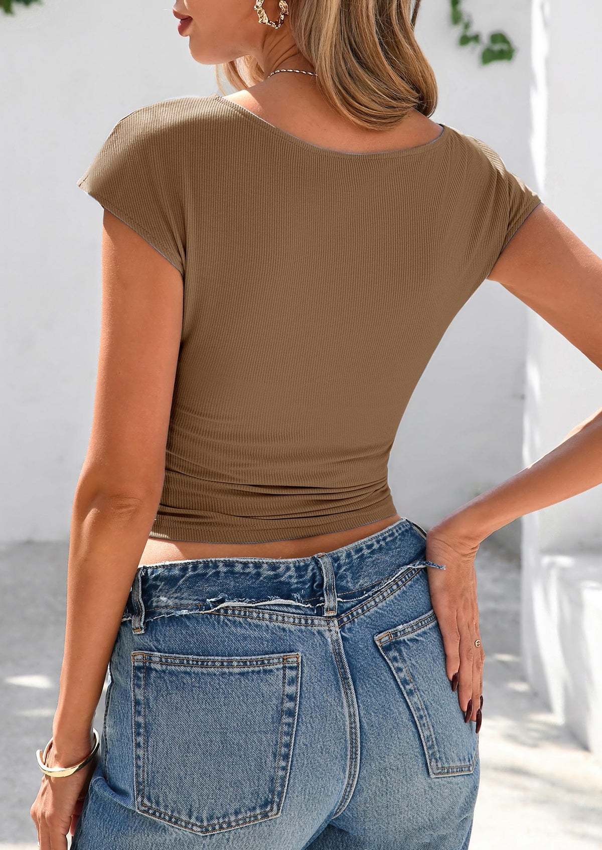 Ruched Crop Cap Sleeve Ribbed Knit Fitted Going Out T-shirts