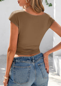 Ruched Crop Cap Sleeve Ribbed Knit Fitted Going Out T-shirts