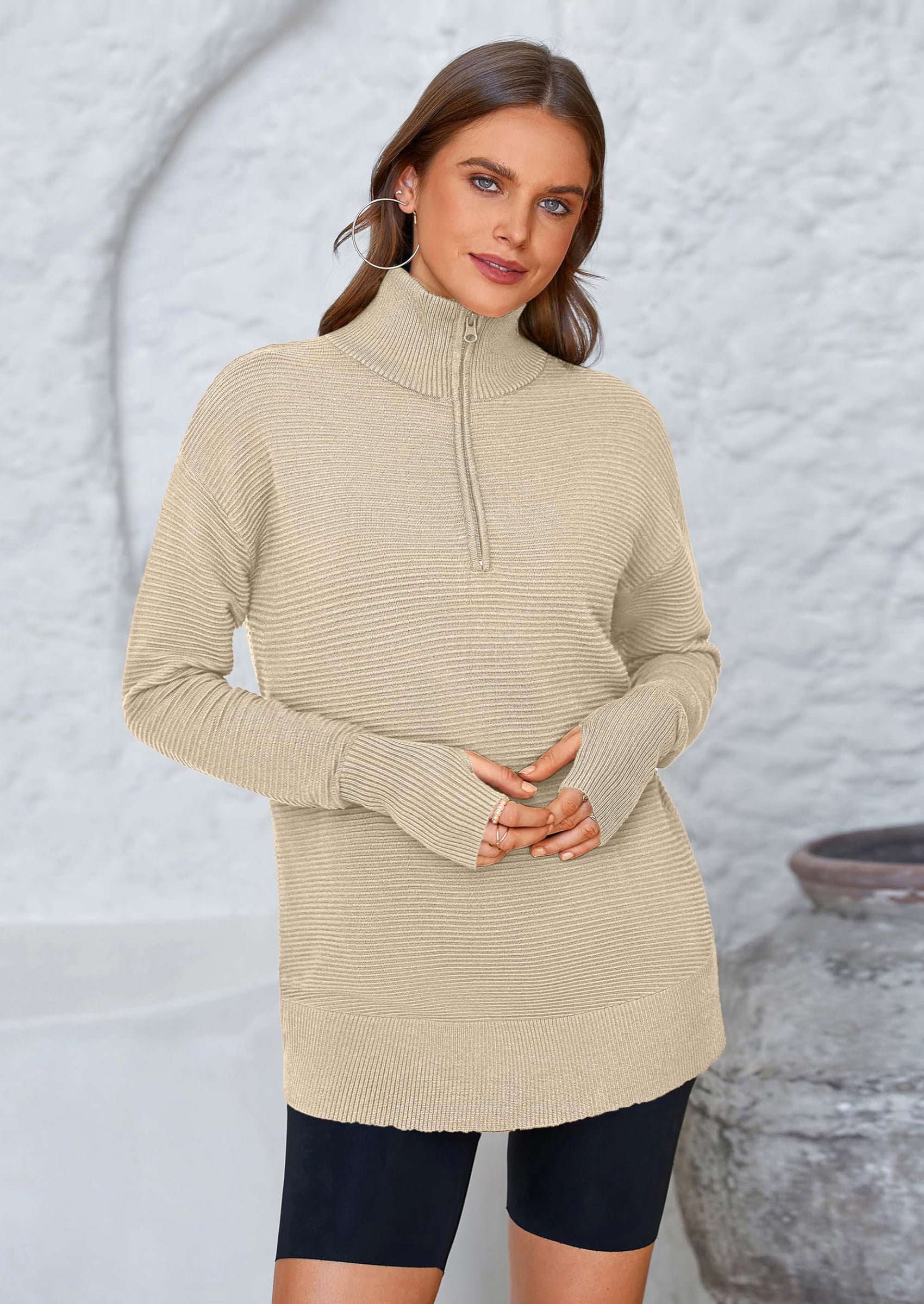 PRETTYGARDEN Womens Long Sleeve Quarter Zip Pullover Sweater Casual Loose V Neck Collared Ribbed Knit Jumper Tops Thumb Hole