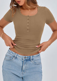 Short Sleeve Ribbed Knit Henley Button Up Slim Fit Basic Casual T-shirts