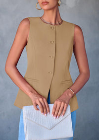 Dressy Business Casual Sleeveless Button Down Blazer Waistcoat