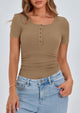 Short Sleeve Ribbed Knit Henley Button Up Slim Fit Basic Casual T-shirts