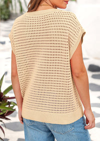 Crochet Cap Sleeve Crew Neck Beach Pullover Cover Ups Shirts