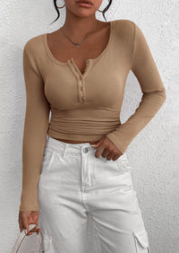 Long Sleeve Henley Button Down Ribbed Knit Slim Fit Casual T-shirts