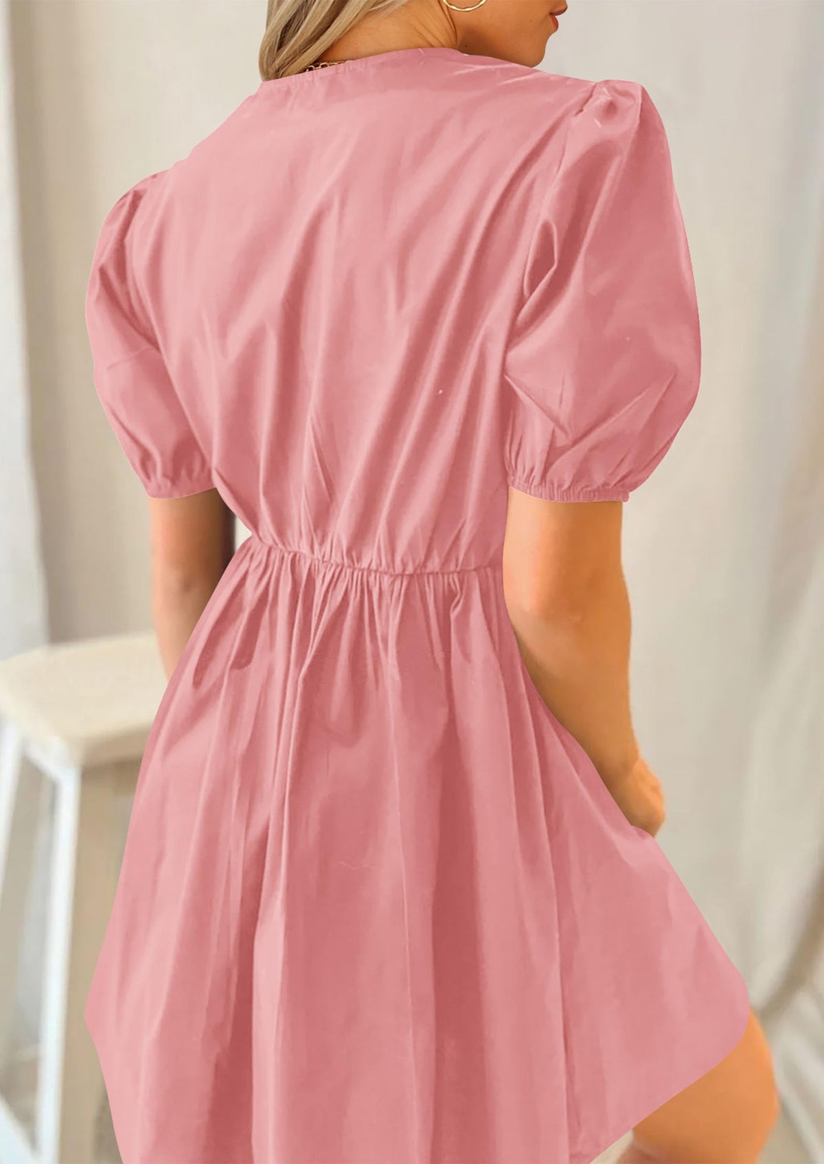 Casual Short Sleeve A Line Bow Tie Front Babydoll Loose Mini Dresses with Pockets