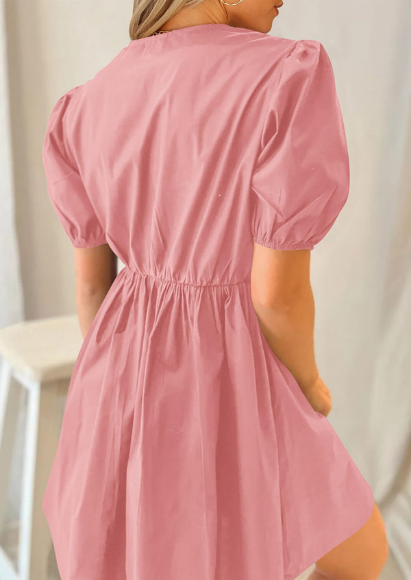 Casual Short Sleeve A Line Bow Tie Front Babydoll Loose Mini Dresses with Pockets