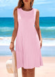 Sleeveless Crew Neck Loose Tank A-Line Pleated Swing Flowy Party Mini Dress