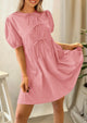 Casual Short Sleeve A Line Bow Tie Front Babydoll Loose Mini Dresses with Pockets