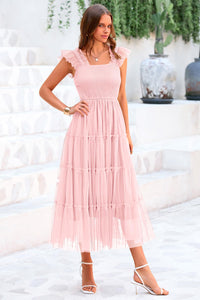 Casual Sleeveless Smocked Ruffle Tulle Flowy Beach Sundress