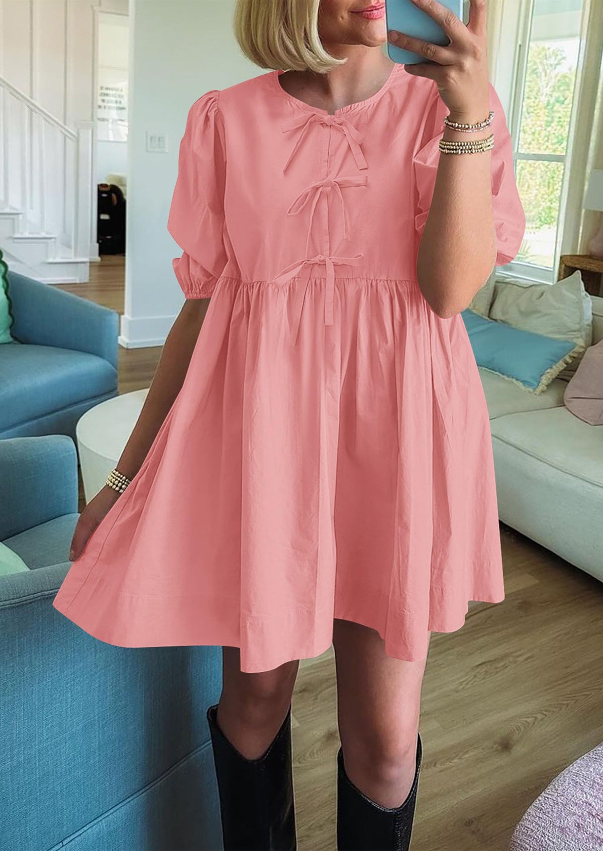 Casual Short Sleeve A Line Bow Tie Front Babydoll Loose Mini Dresses with Pockets