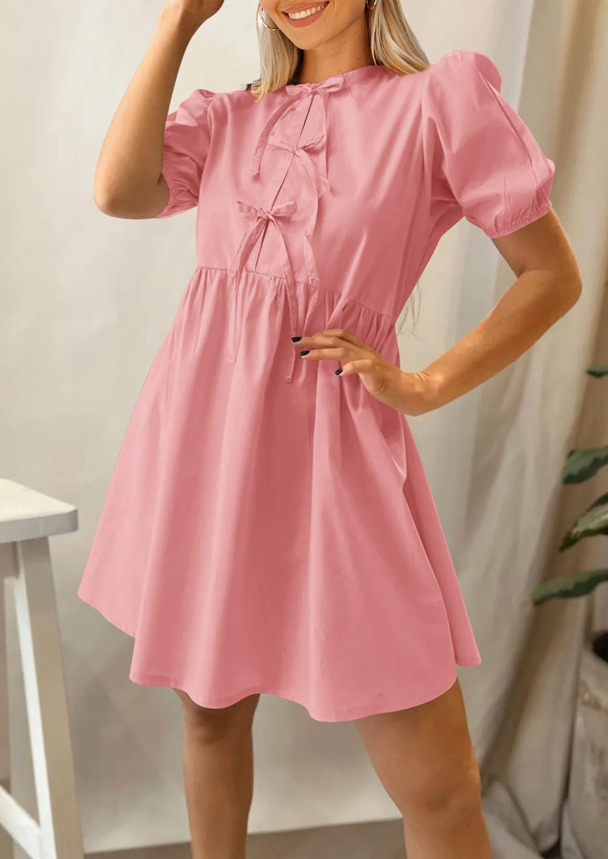Casual Short Sleeve A Line Bow Tie Front Babydoll Loose Mini Dresses with Pockets