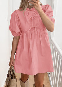 Casual Short Sleeve A Line Bow Tie Front Babydoll Loose Mini Dresses with Pockets