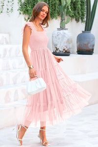 Casual Sleeveless Smocked Ruffle Tulle Flowy Beach Sundress