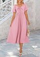 Casual Short Sleeve Bow Tie V Neck Ruffle Flowy Midi Dresses