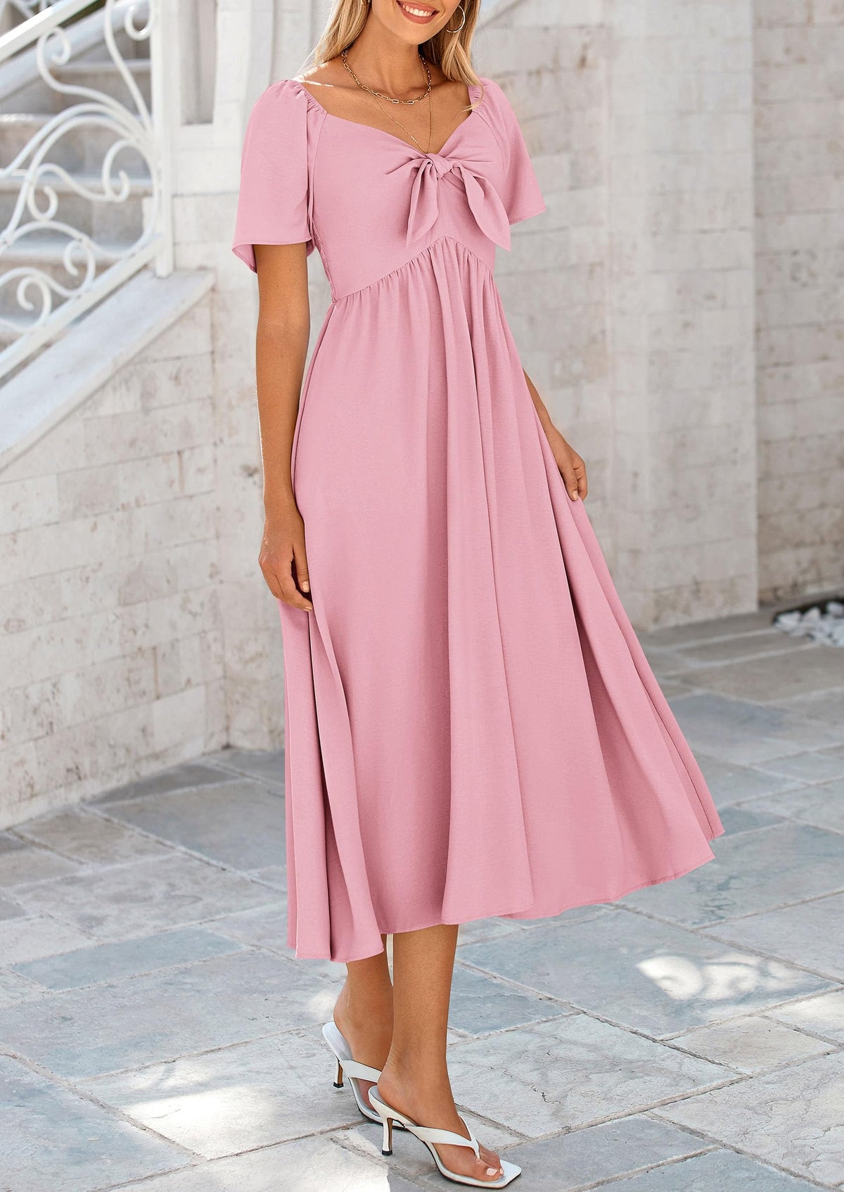 Casual Short Sleeve Bow Tie V Neck Ruffle Flowy Midi Dresses