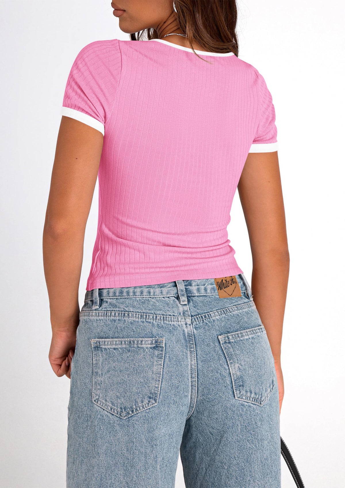 Casual Short Sleeve Ribbed Knit Square Neck Color Block Slim Fit Basic Crop T-shirts