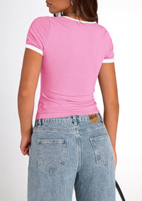 Casual Short Sleeve Ribbed Knit Square Neck Color Block Slim Fit Basic Crop T-shirts