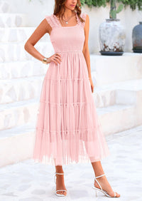 Casual Sleeveless Smocked Ruffle Tulle Flowy Beach Sundress