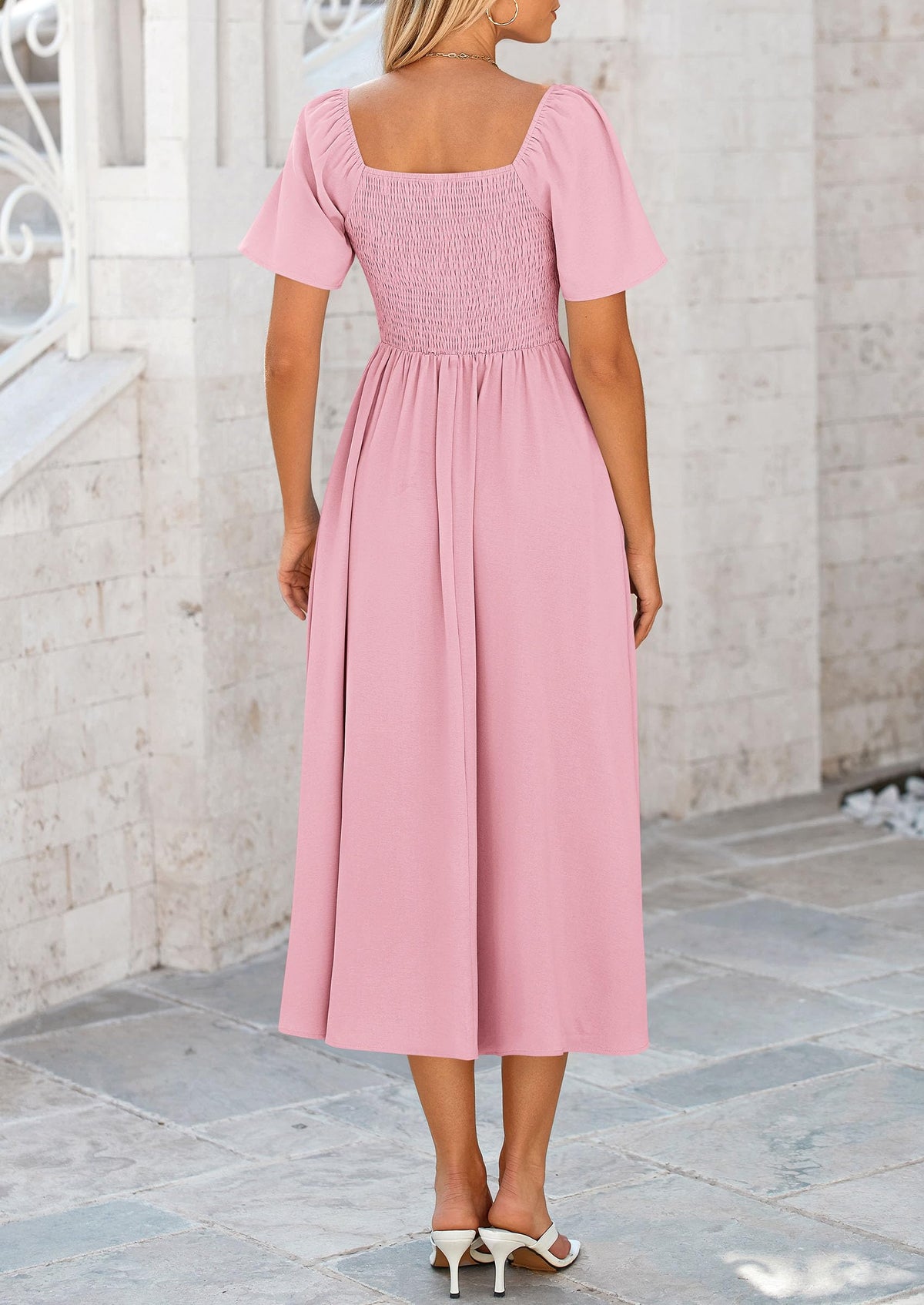 Casual Short Sleeve Bow Tie V Neck Ruffle Flowy Midi Dresses