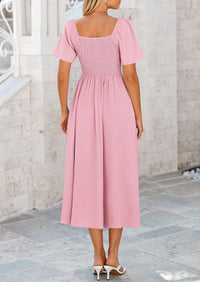 Casual Short Sleeve Bow Tie V Neck Ruffle Flowy Midi Dresses