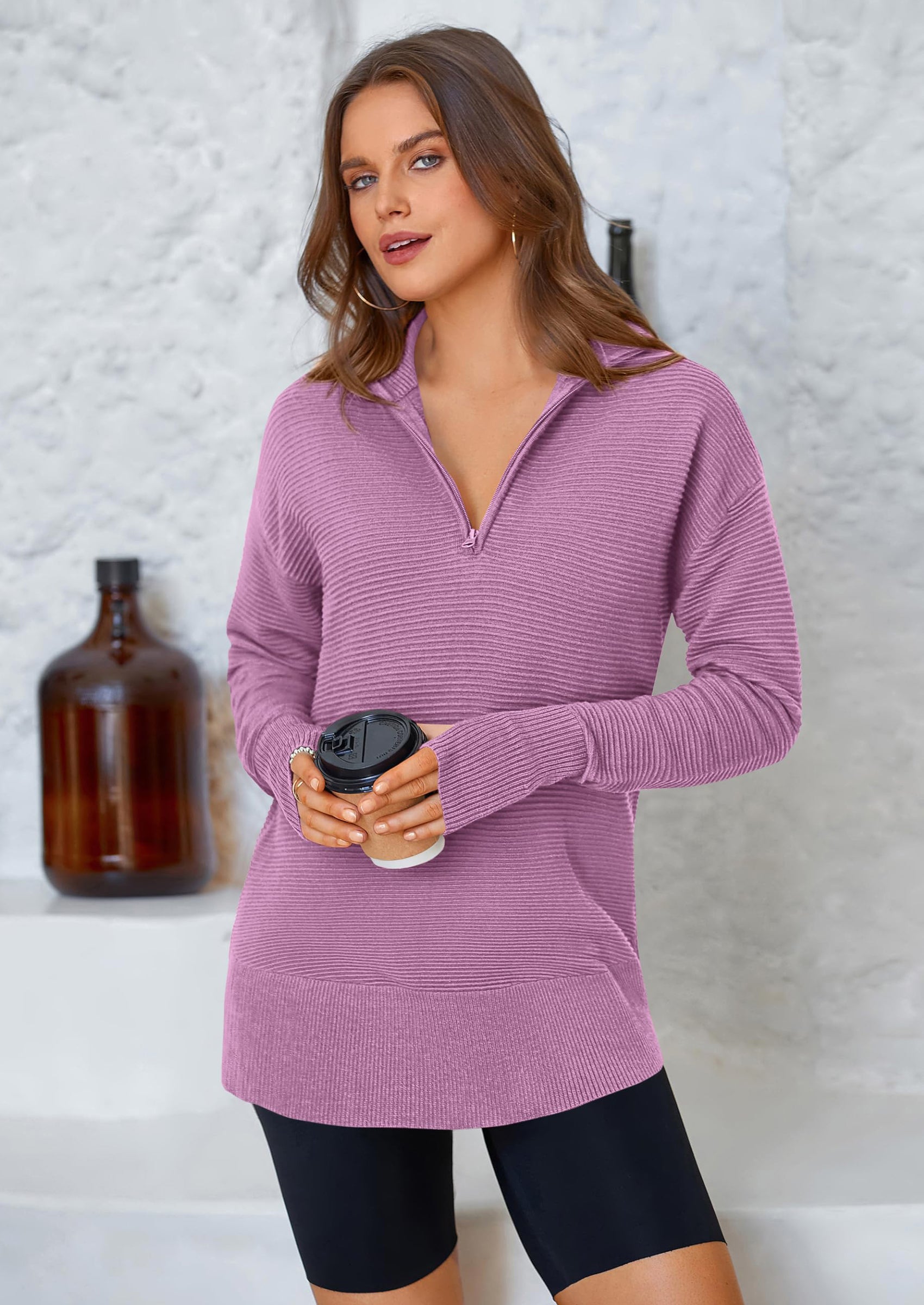 PRETTYGARDEN Womens Long Sleeve Quarter Zip Pullover Sweater Casual Loose V Neck Collared Ribbed Knit Jumper Tops Thumb Hole