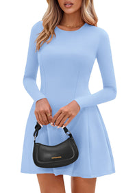 PRETTYGARDEN Long Sleeve Mini Dress for Women Fall Crewneck Knit Pleated Babydoll A Line Soft Casual Short Party Dresses PRETTYGARDEN