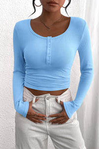 Long Sleeve Henley Button Down Ribbed Knit Slim Fit Casual T-shirts